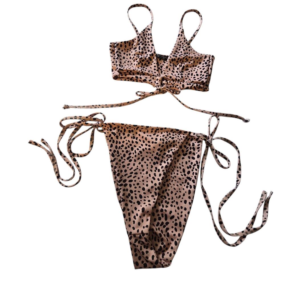 Nasty Gal 2pc Dalmatian Tie Bikini Womens Sz 6 Tan Black High Leg Cutout Front